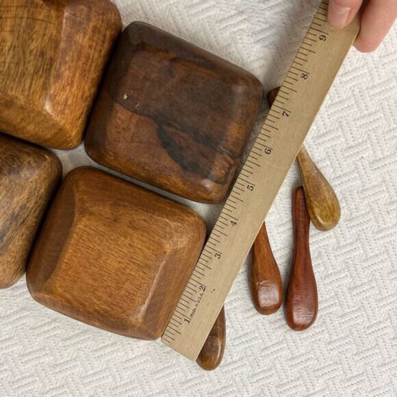 Vintage Antique 8 Piece Teak Wood Primordial Bowl and Spoon Sauce Serve Set - Picture 7 of 13